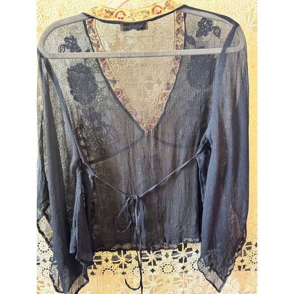 Vintage Whimsy Goth Sheer Beaded Sequin Blouse Black Embroidered V-Neck Top - Picture 6 of 9
